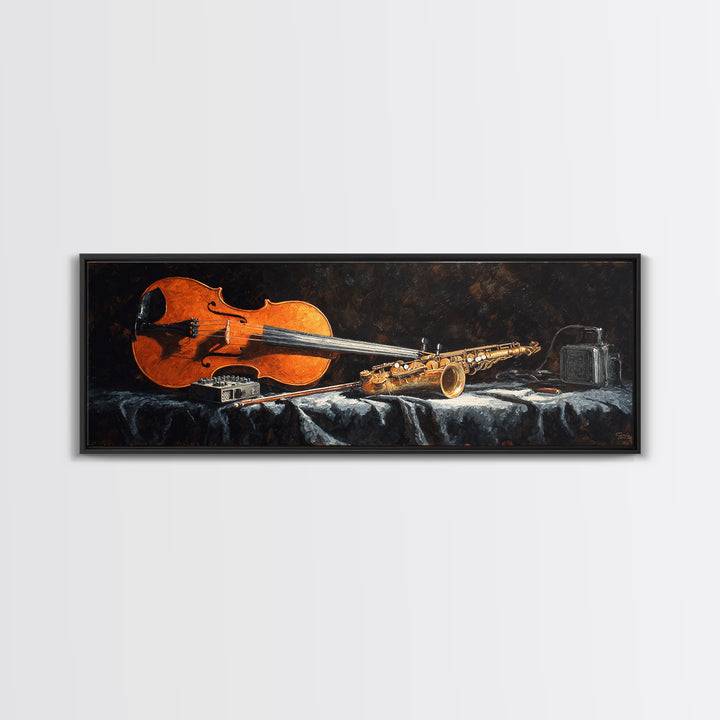 Cello Leaning Against Dark Velvet Backdrop Canvas Print, Music Studio Art, Commission Painting, Studio Decor, Abstract Art, MSA-3x1-49