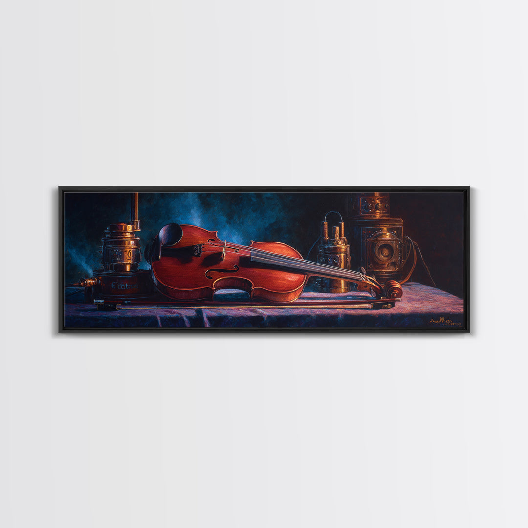 Violin and Bow Framed Canvas Print, Music Studio Art, Textured Painting, Studio Decor, Fine Art, Rhythm, Custom Painting, MSA-3x1-56