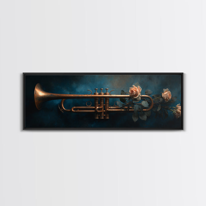 Trumpet and Roses Framed Canvas Print, Music Studio Art, Wall Art, Studio Decor, Rhythm, Trendy Wall Art, Music Wall Art, MSA-3x1-72