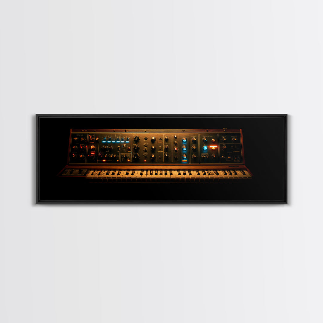 Synthesizer Knobs and Neon Reflections Framed Canvas Print, Music Studio Art, Painting from Photo, Studio Decor, Oil Painting, MSA-3x1-74