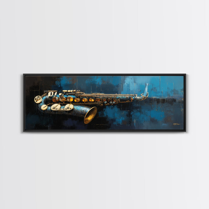 Jazz Saxophone with Smoky Blue Background Framed Canvas Print, Music Studio Art, Music Art, Studio Decor, Fine Art, Rhythm, MSA-3x1-90