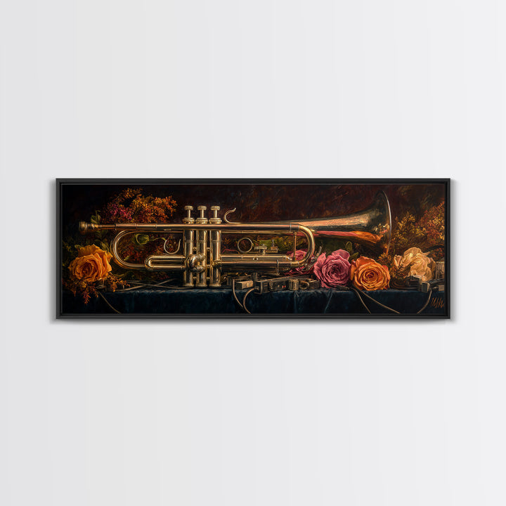 Trumpet and Roses Canvas Print, Music Studio Art, Neutral Decor, Studio Decor, Fine Art, Rhythm, Wall Art, Home Decor, MSA-3x1-96