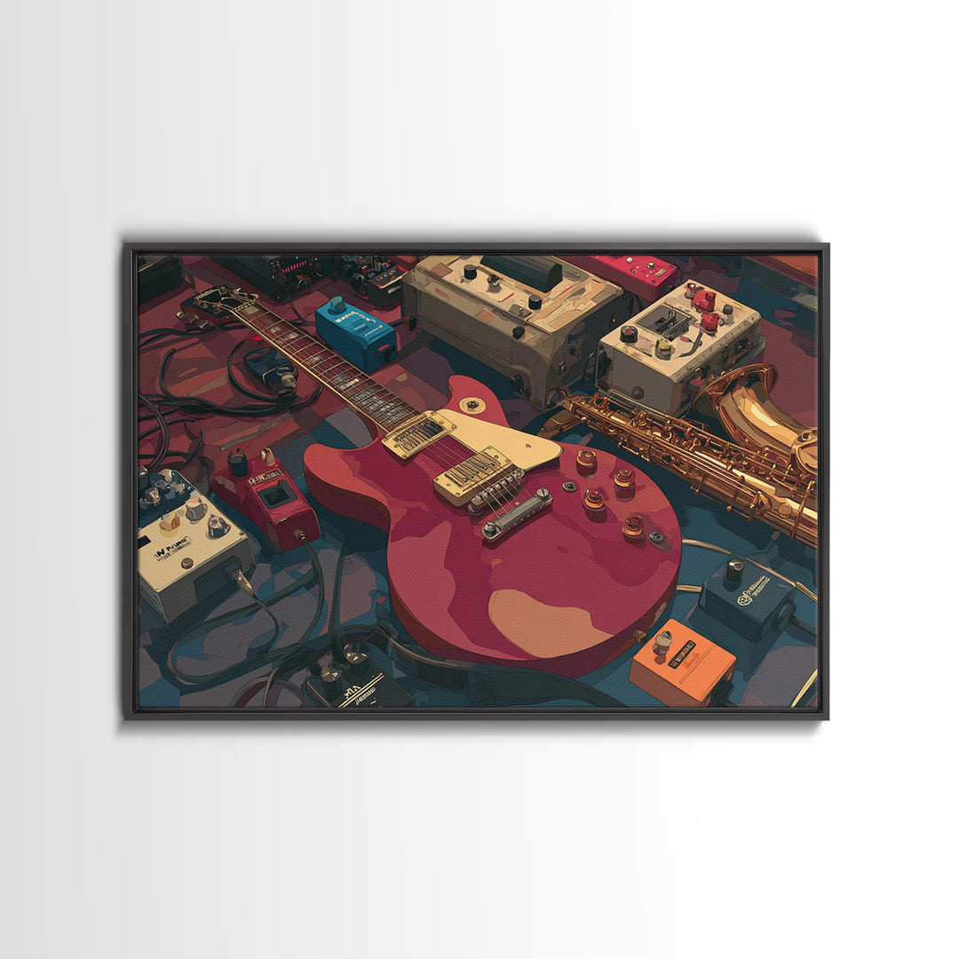 Electric Guitar Pedals and Cables Graphic Art Canvas Print, Music Studio Art, Trendy Wall Art, Studio Decor, Fine Art, Rhythm, MSA-3x2-1