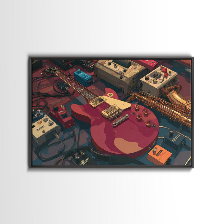 Electric Guitar Pedals and Cables Graphic Art Canvas Print, Music Studio Art, Trendy Wall Art, Studio Decor, Fine Art, Rhythm, MSA-3x2-1