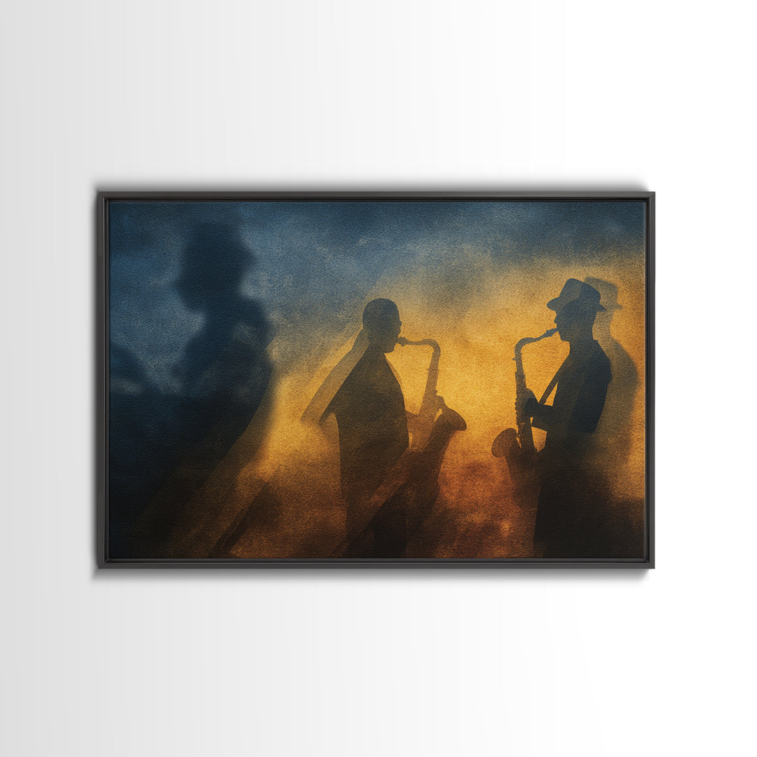 Jazz Quartet Silhouettes Framed Canvas Print, Music Studio Art, Digital Download Art, Studio Decor, Oil Painting, Rhythm, MSA-3x2-50