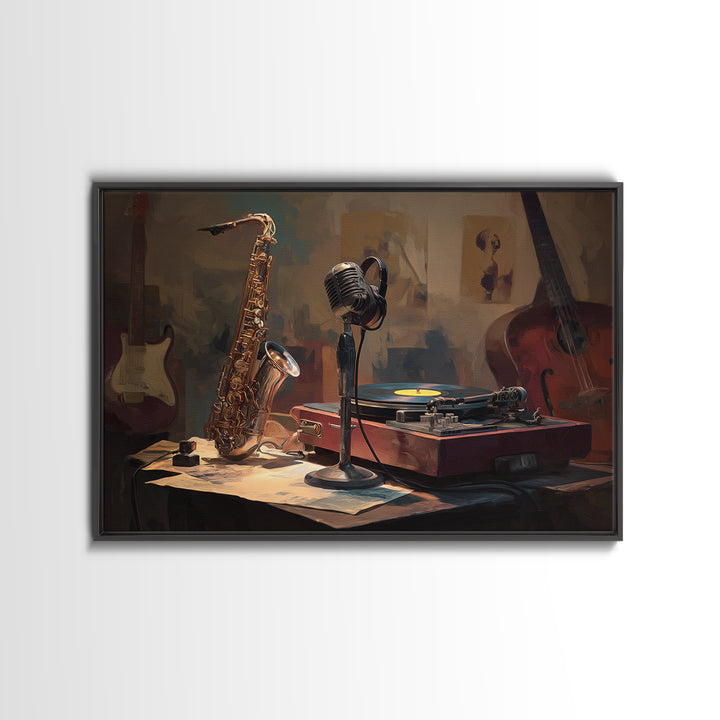 Vinyl Record and Turntable Still Life Framed Canvas Print, Music Studio Art, Music, Studio Decor, Oil Painting, Rhythm, MSA-3x2-55