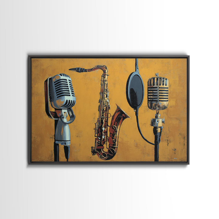 Microphone Portrait with Golden Spotlight Framed Canvas Print, Music Studio Art, Art Print, Studio Decor, Fine Art, Rhythm, MSA-3x2-59