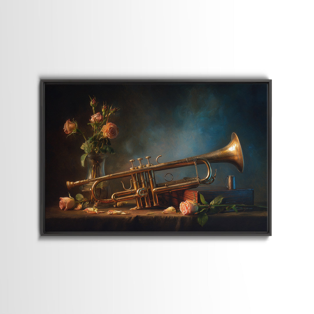Trumpet and Roses Framed Canvas Print, Music Studio Art, Music Lover, Studio Decor, Fine Art, Rhythm, Minimalist Decor, MSA-3x2-60