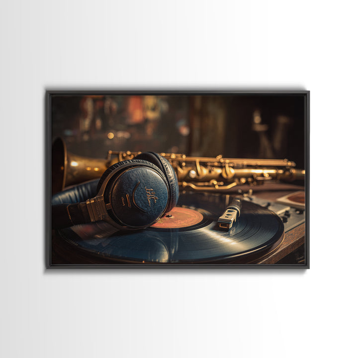 Headphones Around a Glowing Record Framed Canvas Print, Music Studio Art, Scripture Wall Art, Studio Decor, Fine Art, Rhythm, MSA-3x2-63