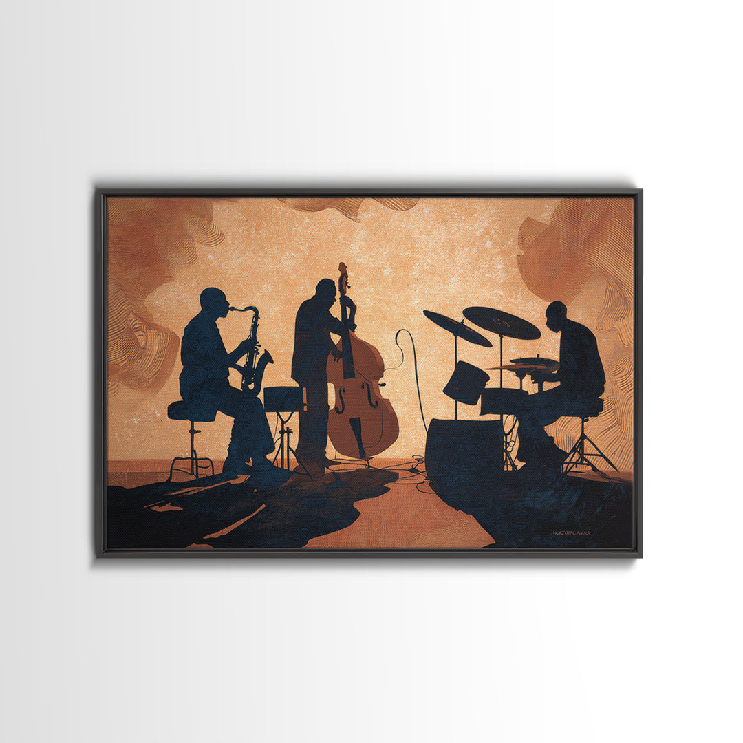 Jazz Quartet Silhouettes Framed Canvas Print, Music Studio Art, Digital Download Art, Studio Decor, Oil Painting, Rhythm, MSA-3x2-74