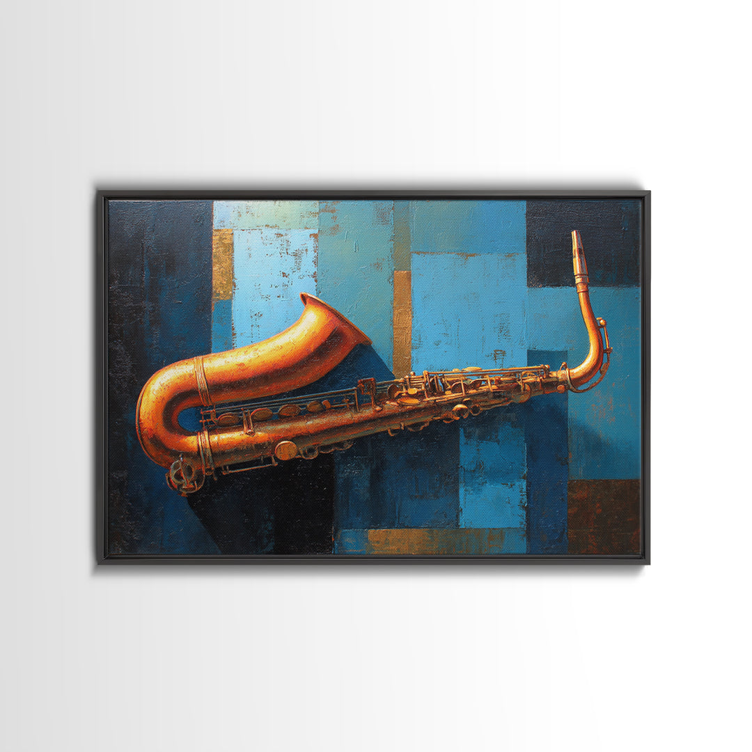 Jazz Saxophone with Smoky Blue Background Framed Canvas Print, Music Studio Art, Boho Art, Studio Decor, Fine Art, Rhythm, MSA-3x2-78