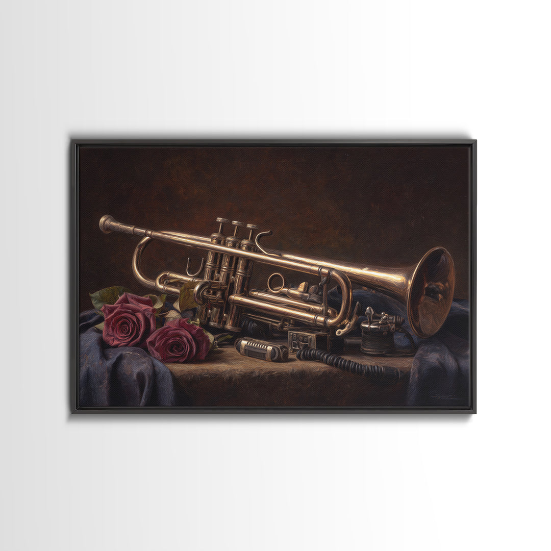 Trumpet and Roses Canvas Print, Music Studio Art, Boho Decor, Studio Decor, Fine Art, Rhythm, Metal Wall Art, MSA-3x2-84