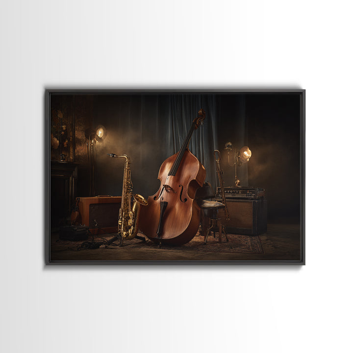 Cello Leaning Against Dark Velvet Backdrop Framed Canvas Print, Music Studio Art, Music Gift, Studio Decor, Fine Art, Rhythm, MSA-3x2-85