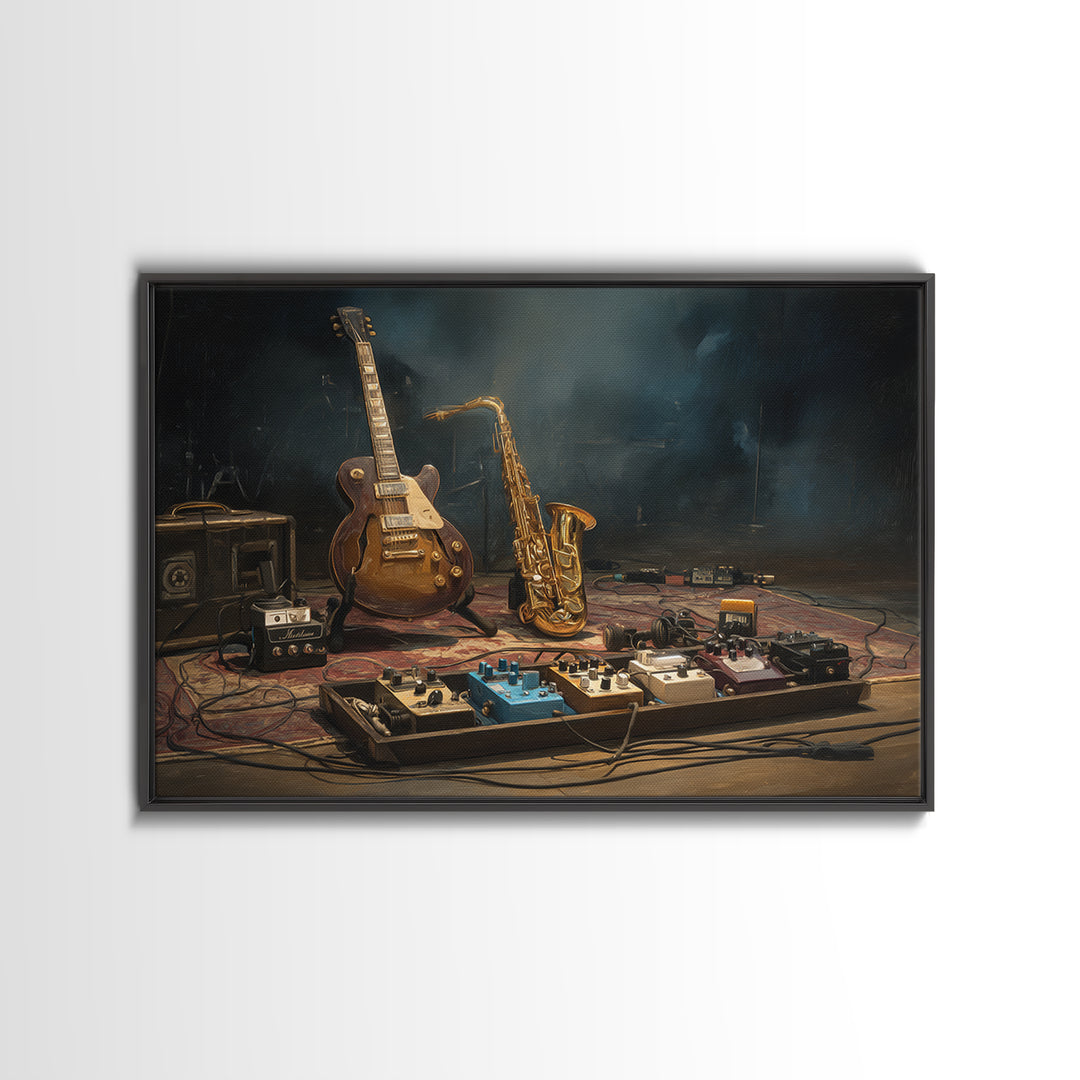 Electric Guitar Pedals and Cables Graphic Art Framed Canvas Print, Music Studio Art, Music Lover, Studio Decor, Watercolor Art, MSA-3x2-97