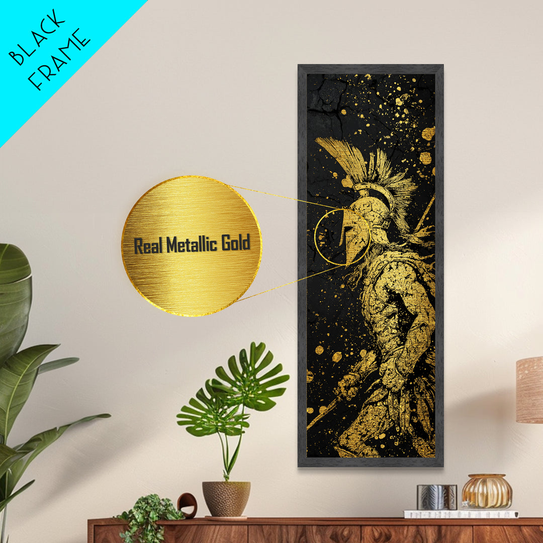 Spartan Warrior Helmet Illustration, Metallic Gold Metal Print, Ancient Greek Soldier Wall Art, Real Wood Frame Decor