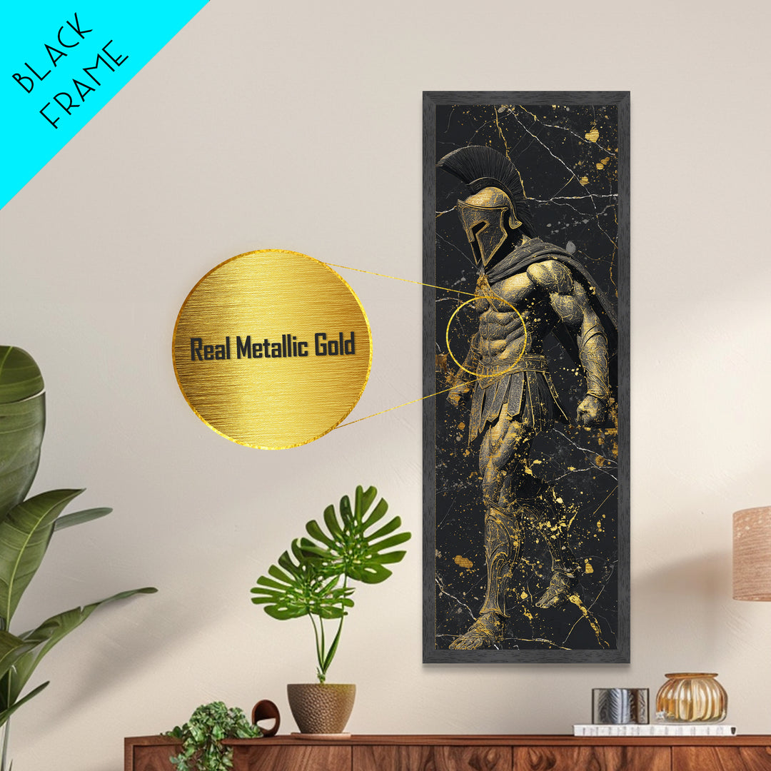 Spartan Warrior In Detailed Armor, Metallic Gold Metal Print, Ancient Greek Soldier Wall Art, Real Wood Frame Decor