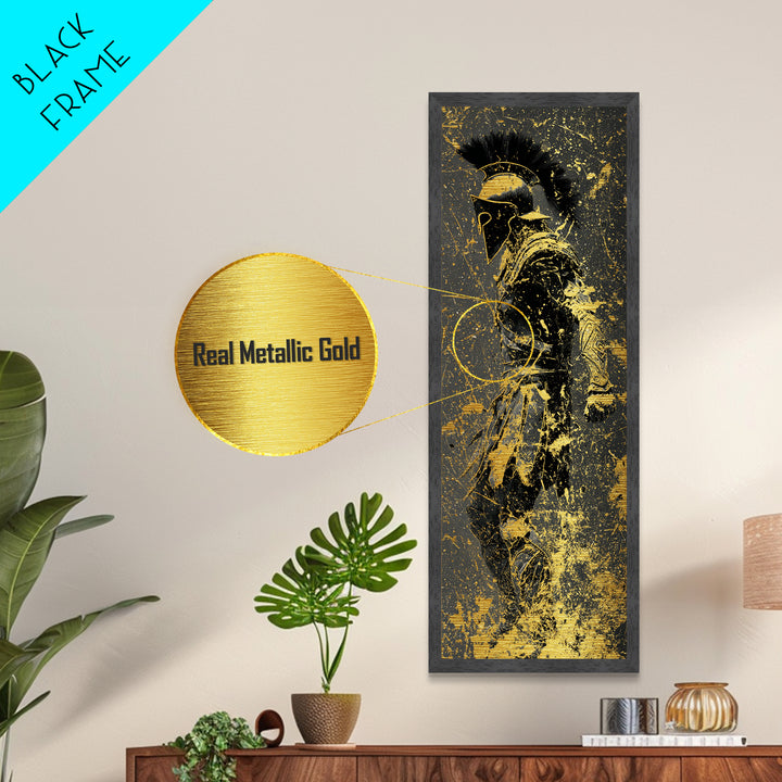 Greek Spartan Warrior Splatter Effect, Metallic Gold Metal Print, Ancient Warrior Wall Art, Real Wood Frame Decor