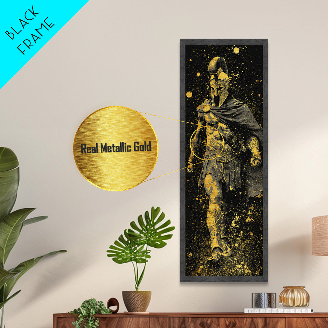 Greek Spartan Warrior In Cloak, Metallic Gold Metal Print, Ancient Helmet Warrior Wall Art, Real Wood Frame Home Decor