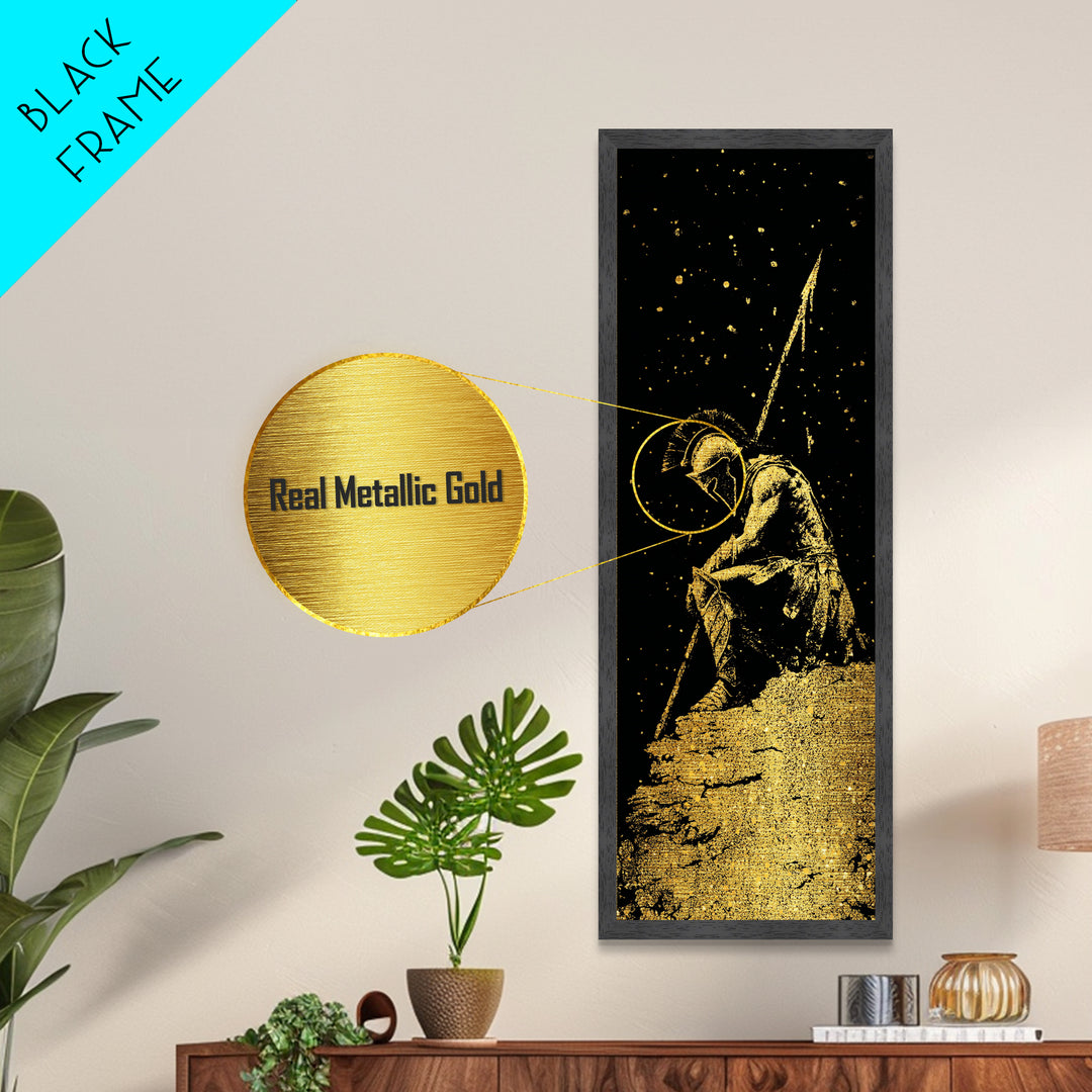 Spartan Warrior Kneeling With Spear, Metallic Gold Metal Print, Ancient Greek Soldier Wall Art, Real Wood Frame Decor