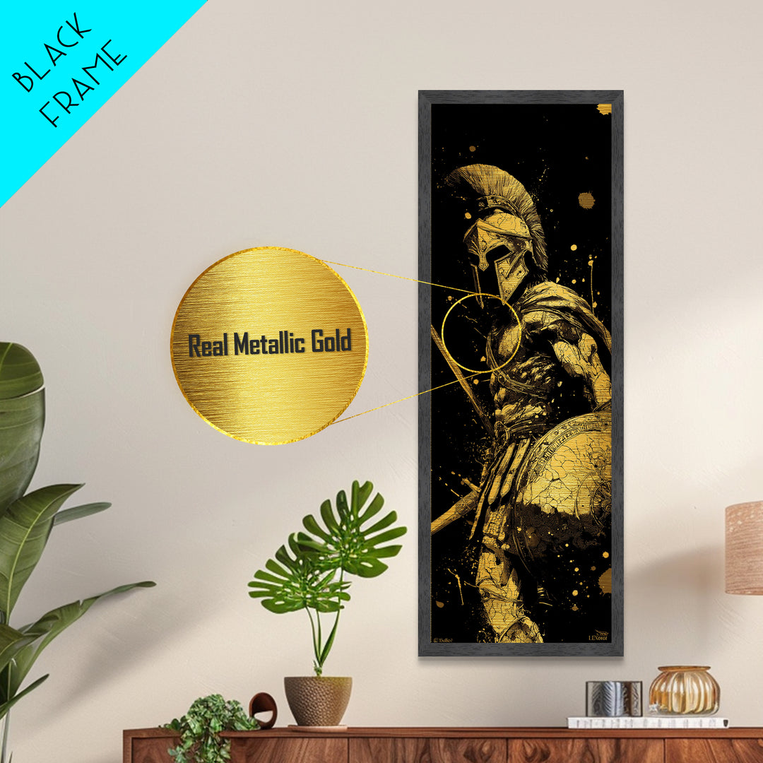 Ancient Spartan Warrior With Shield, Metallic Gold Metal Print, Greek Soldier Helmet Wall Art, Real Wood Frame Decor