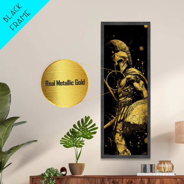 Ancient Spartan Warrior With Shield, Metallic Gold Metal Print, Greek Soldier Helmet Wall Art, Real Wood Frame Decor