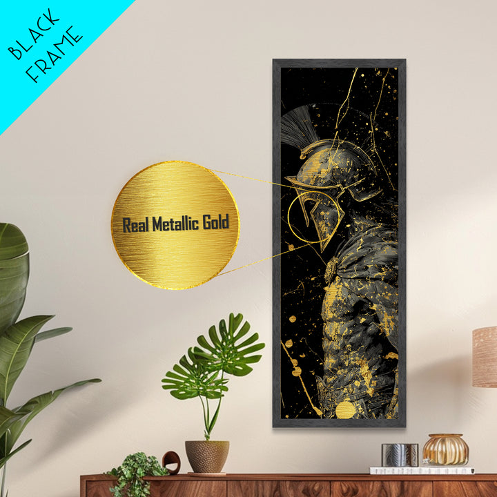 Greek Spartan Warrior In Splatter Style, Metallic Gold Metal Print, Ancient Warrior Helmet Wall Art, Real Wood Frame Decor