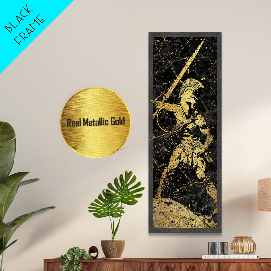 Greek Hoplite With Spear, Metallic Gold Art, Spartan Warrior Wall Decor, Real Wood Frame Metal Print, Historical Military Artwork