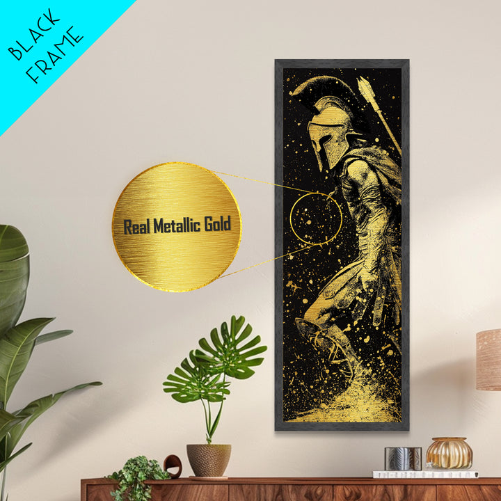 Greek Spartan Standing Strong, Metallic Gold Metal Print, Warrior Soldier Wall Art, Real Wood Frame Home Decor, Ancient Hero Artwork