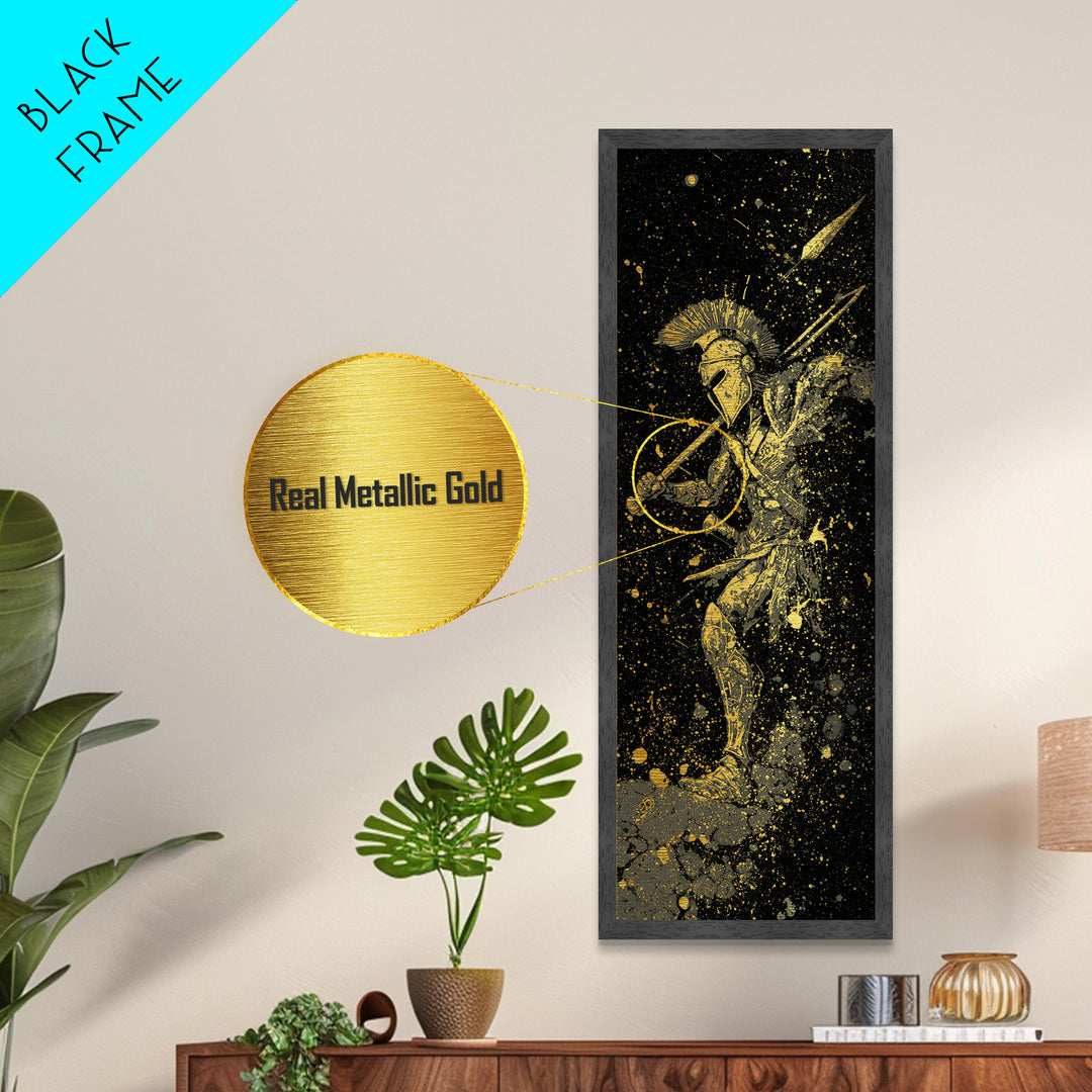 Ancient Spartan In Battle, Metallic Gold Art, Warrior With Spear Wall Print, Real Wood Frame Decor, Greek Mythology Artwork