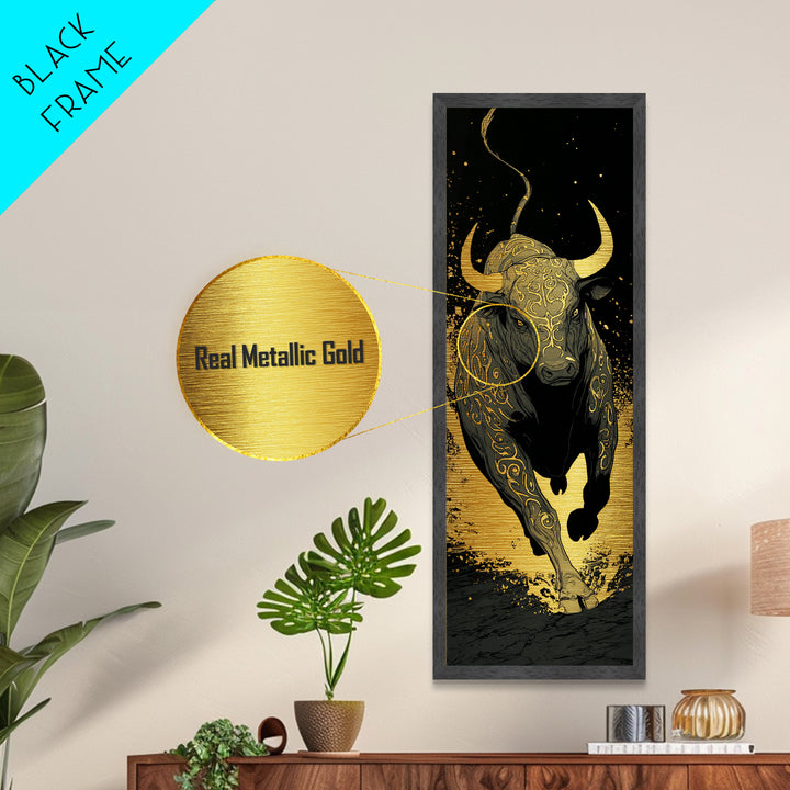 Charging Bull - Metallic Gold Wall Art - Wood Framed Metal Art, Taurus Wall Art, Golden Runic Bull Painting Print, Metal Art