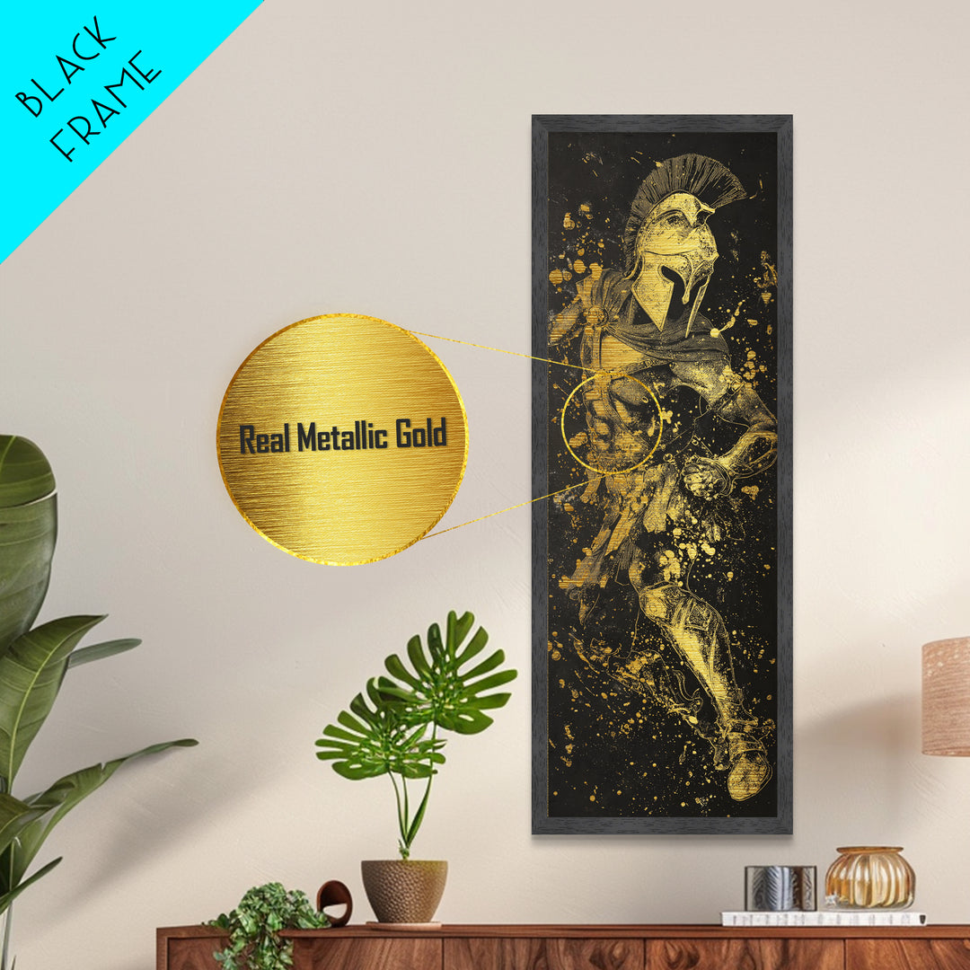 Greek Spartan In Combat, Metallic Gold Art, Warrior Metal Print Wall Decor, Real Wood Frame Artwork, Ancient Battle Hero Artwork
