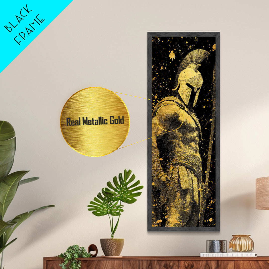 Spartan Warrior Metallic Gold Metal Print, Ancient Greek Soldier Wall Art, Real Wood Frame, Gladiator Decor For Home Office
