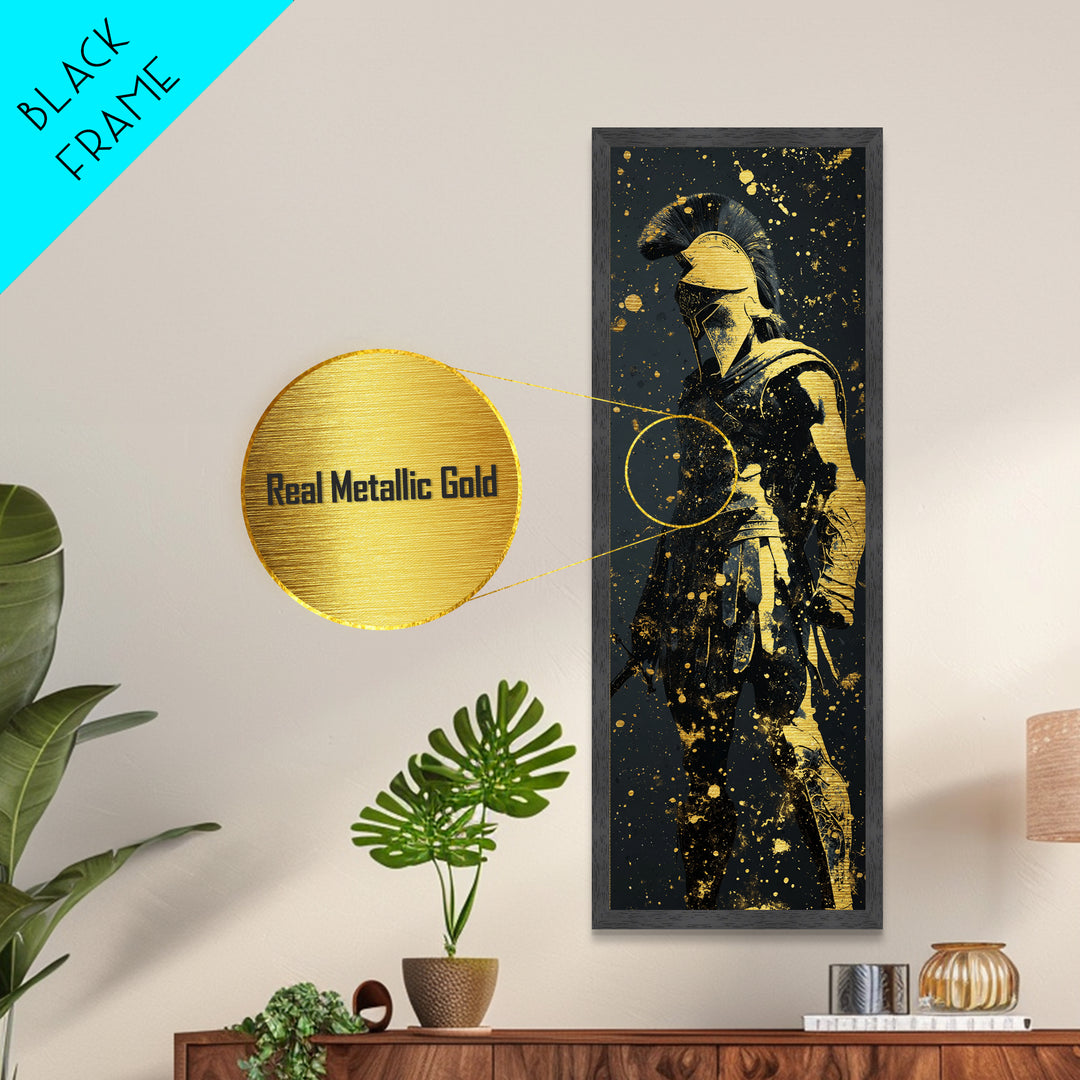 Greek Hoplite Metallic Gold Art, Ancient Spartan Warrior Print, Real Wood Frame, Mythology Inspired Wall Decor For Living Room