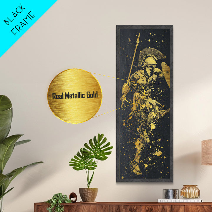Ancient Greek Warrior Metallic Gold Metal Print, Spartan Soldier Wall Art, Real Wood Frame, Gold Gladiator Decor For Office