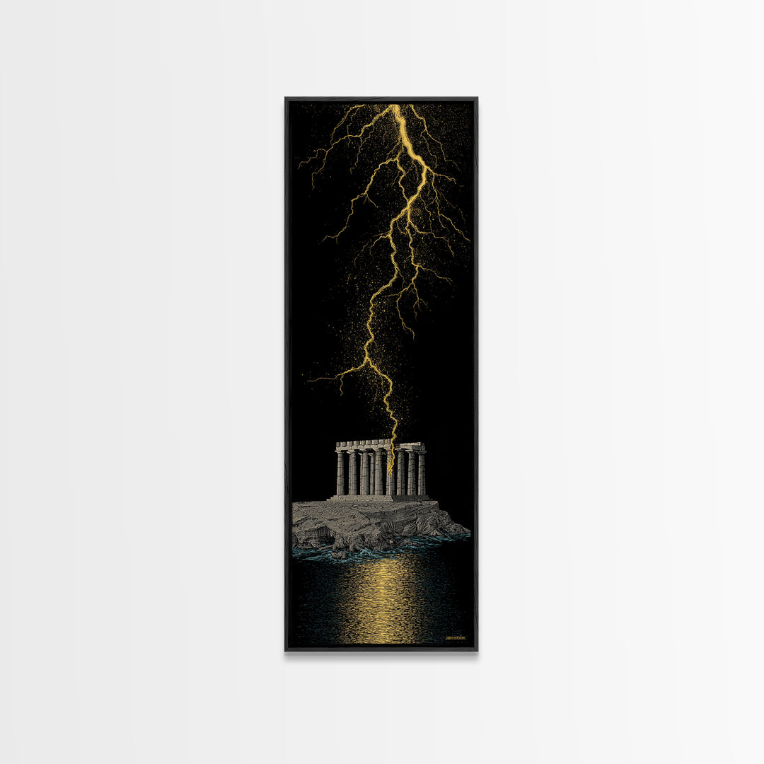 Gold Canvas Art, Zeus Lightning Temple Print, Ancient Greece Mythology Wall Decor, Real Wood Frame
