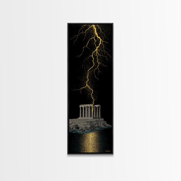 Gold Canvas Art, Zeus Lightning Temple Print, Ancient Greece Mythology Wall Decor, Real Wood Frame