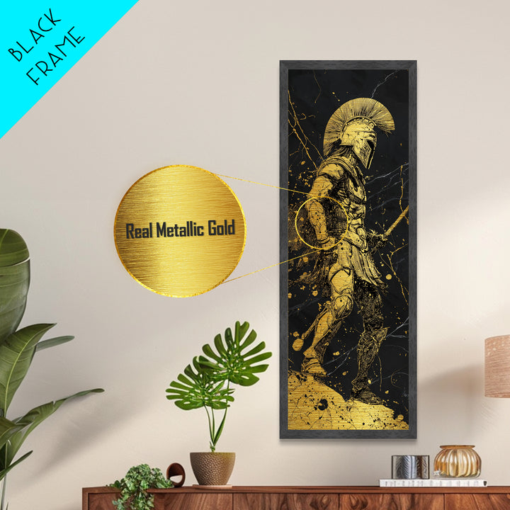The Spartan Warrior Wood Framed Metal Print, Metallic Gold Art, Black and Gold Marble Background, Gift Idea For Man, Husband Gift