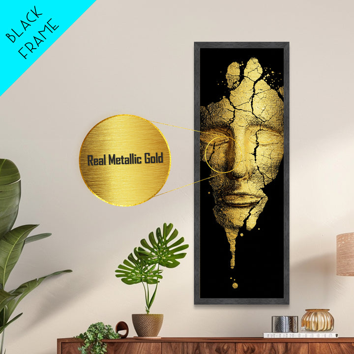 Metallic Gold Metal Print, Cracked Golden Mask Wall Art, Mythical Face Artwork, Real Wood Frame Decor