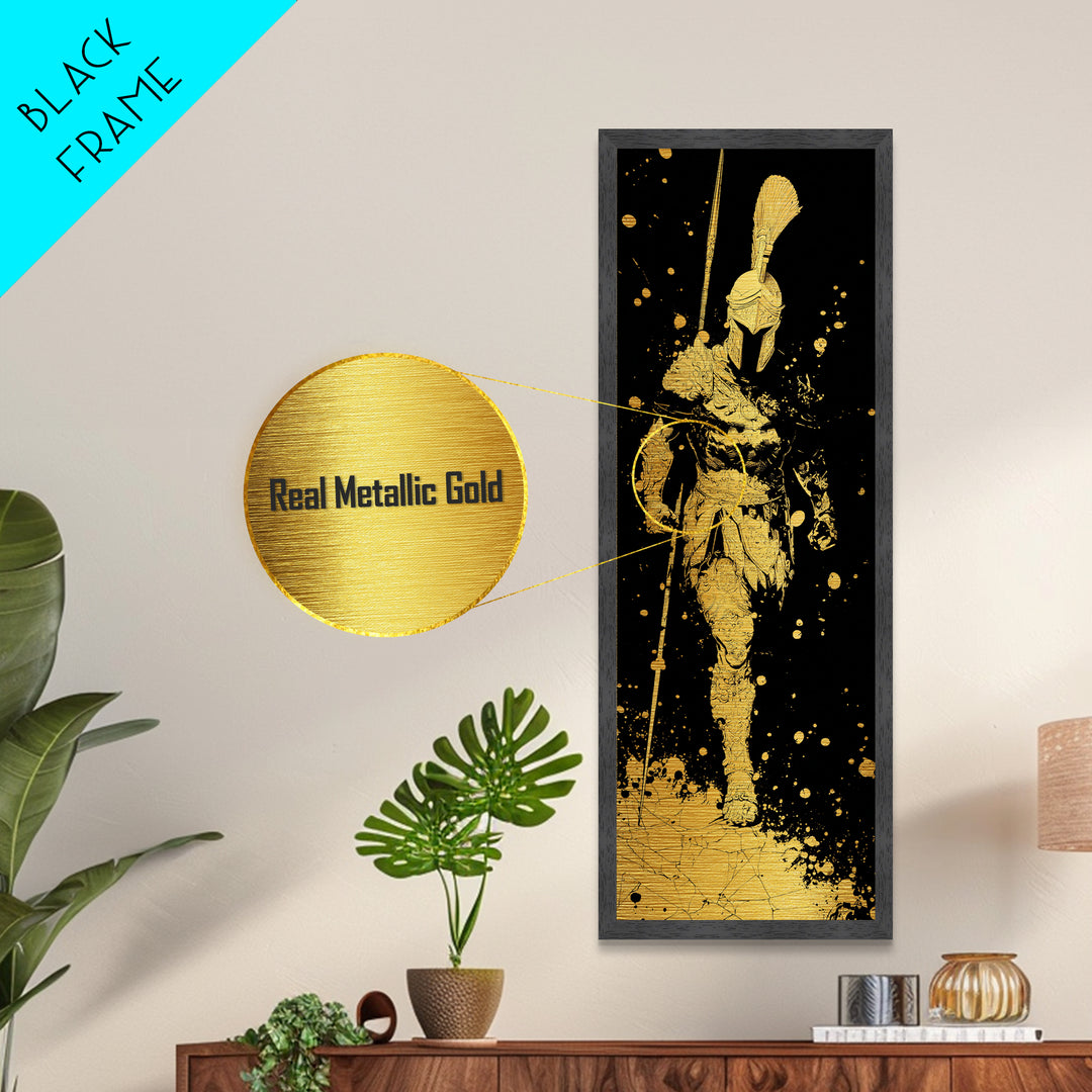 Metallic Gold Art, Greek Warrior Spear Print, Spartan Armor Wall Decor, Real Wood Frame Home Artwork