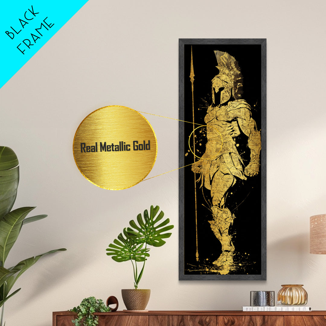 Metallic Gold Metal Print, Spartan Hoplite Warrior Art, Ancient Greece Wall Decor, Real Wood Frame