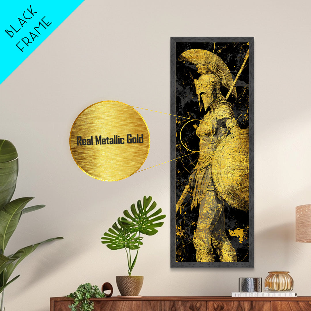 Metallic Gold Art, Athena Warrior Goddess Print, Shield And Sword Wall Decor, Real Wood Frame Decor