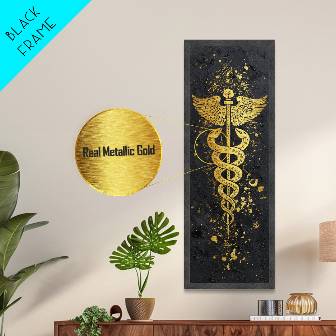 Metallic Gold Metal Print, Caduceus Serpent Staff Wall Art, Hermes Symbol Decor, Real Wood Frame Artwork
