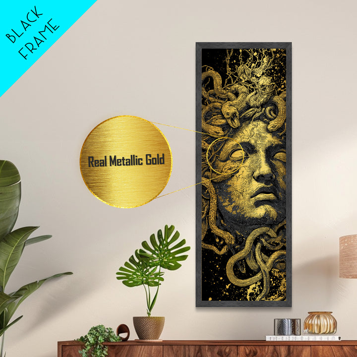 Medusa Metallic Gold Art, Greek Mythology Wall Print, Serpent Goddess Decor, Real Wood Framed Gold Mythical Artwork