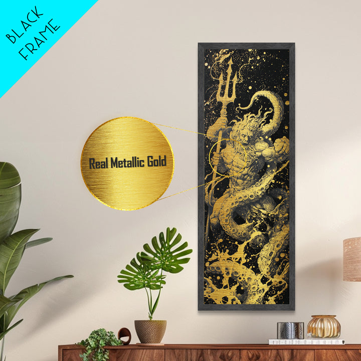 Poseidon Metallic Gold Art, Greek God Of The Sea Metal Print, Mythology Ocean Decor, Real Wood Framed Gold Artwork