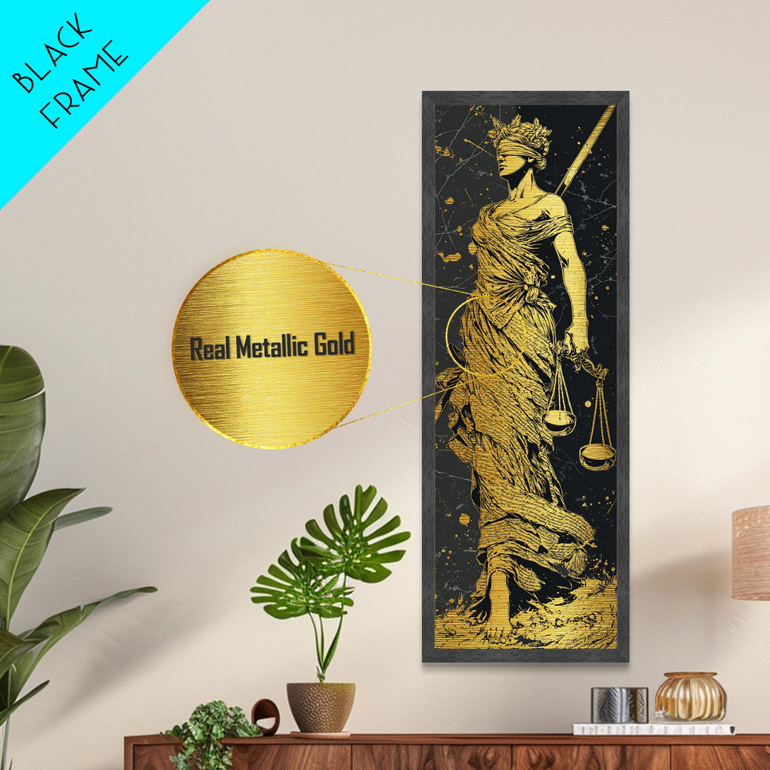 Themis Goddess Of Justice Metallic Gold Metal Print, Blindfolded Lady Justice Wall Art, Scales Of Balance Decor, Real Wood Frame