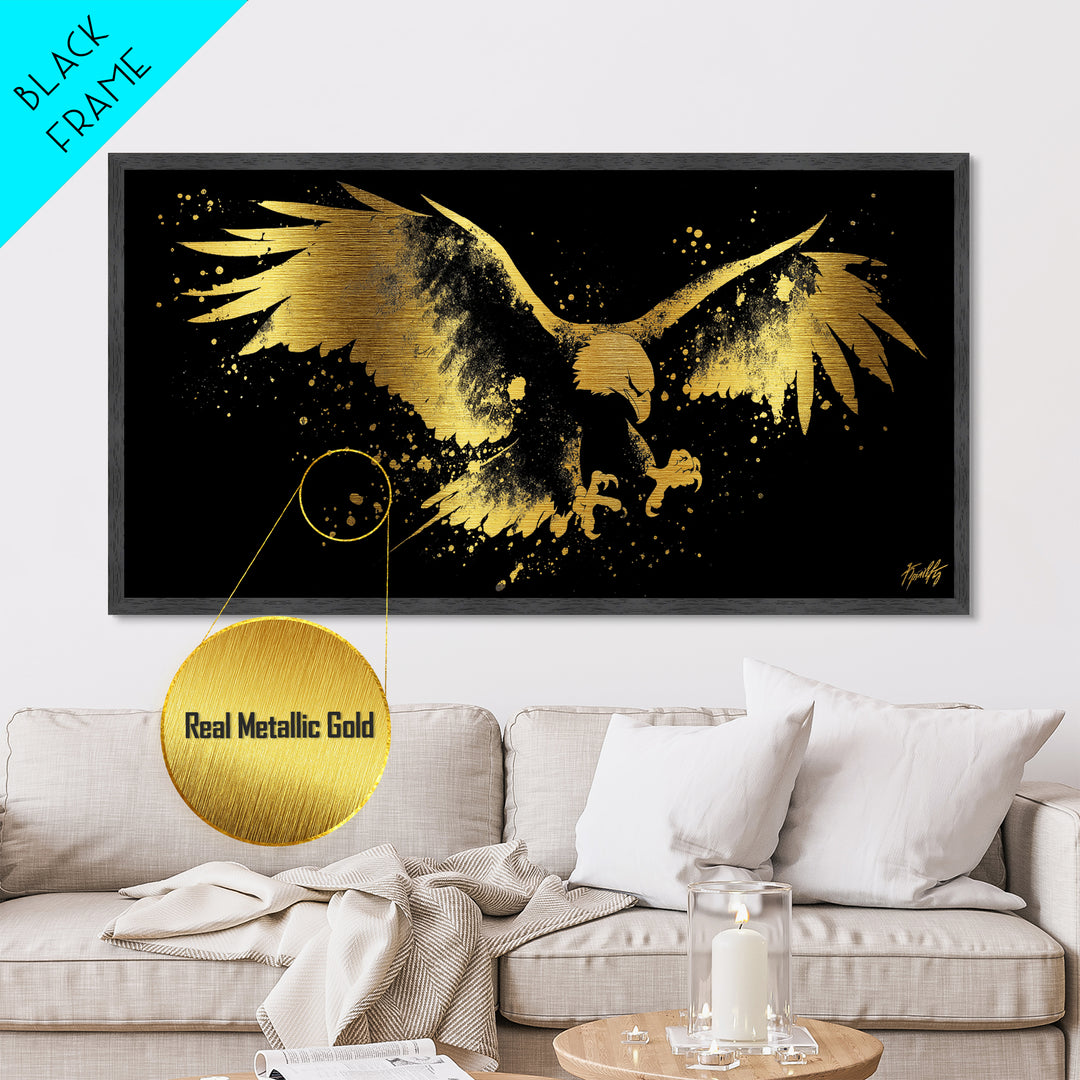 Eagle With Outstretched Wings, Metallic Gold Metal Print, Real Wood Frame, Splatter Art, Majestic Bird Wall Decor
