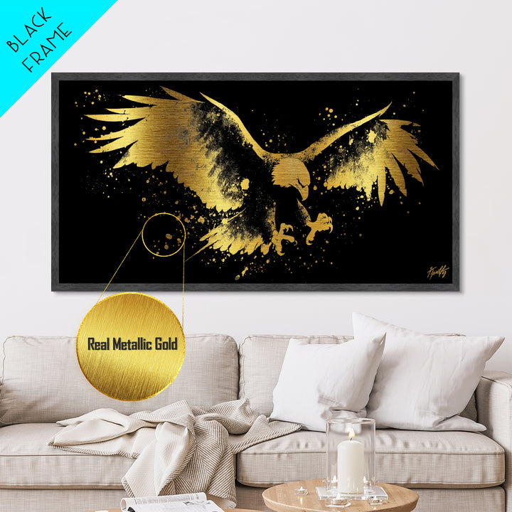 Eagle With Outstretched Wings, Metallic Gold Metal Print, Real Wood Frame, Splatter Art, Majestic Bird Wall Decor