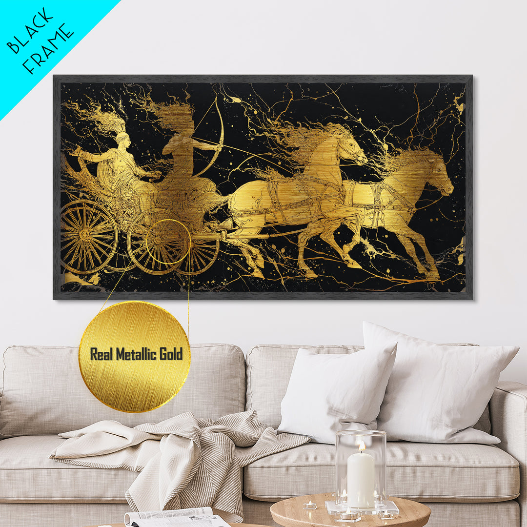 Greek Chariot Scene, Metallic Gold Art, Real Wood Frame, Mythology Inspired Wall Decor, Warriors And Horses Print
