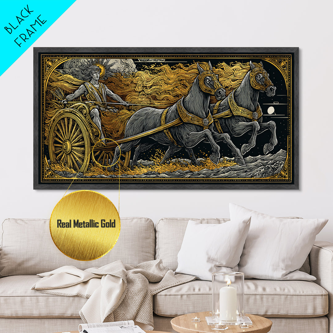 Chariot Of The Sun God, Metallic Gold Metal Print, Real Wood Frame, Mythology Wall Art, Horse And Chariot Artwork