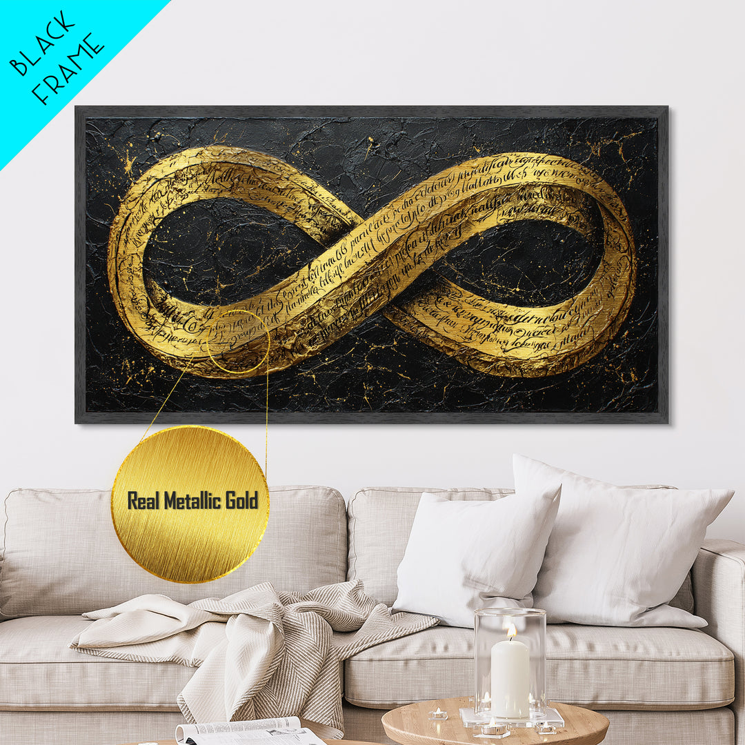 Infinity Symbol With Script, Metallic Gold Art, Real Wood Frame, Elegant Wall Decor, Modern Abstract Artwork